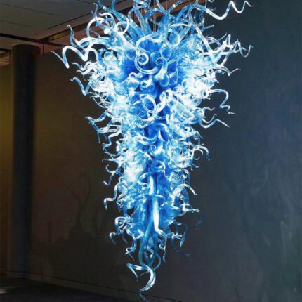 Blue color high ceiling art custom glass chandelier