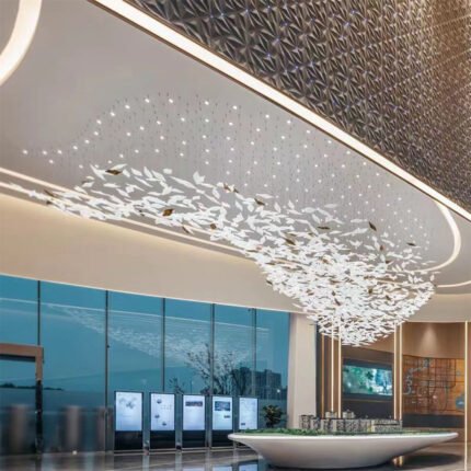 Gold and White Suspended Metal Leaf Chandelier